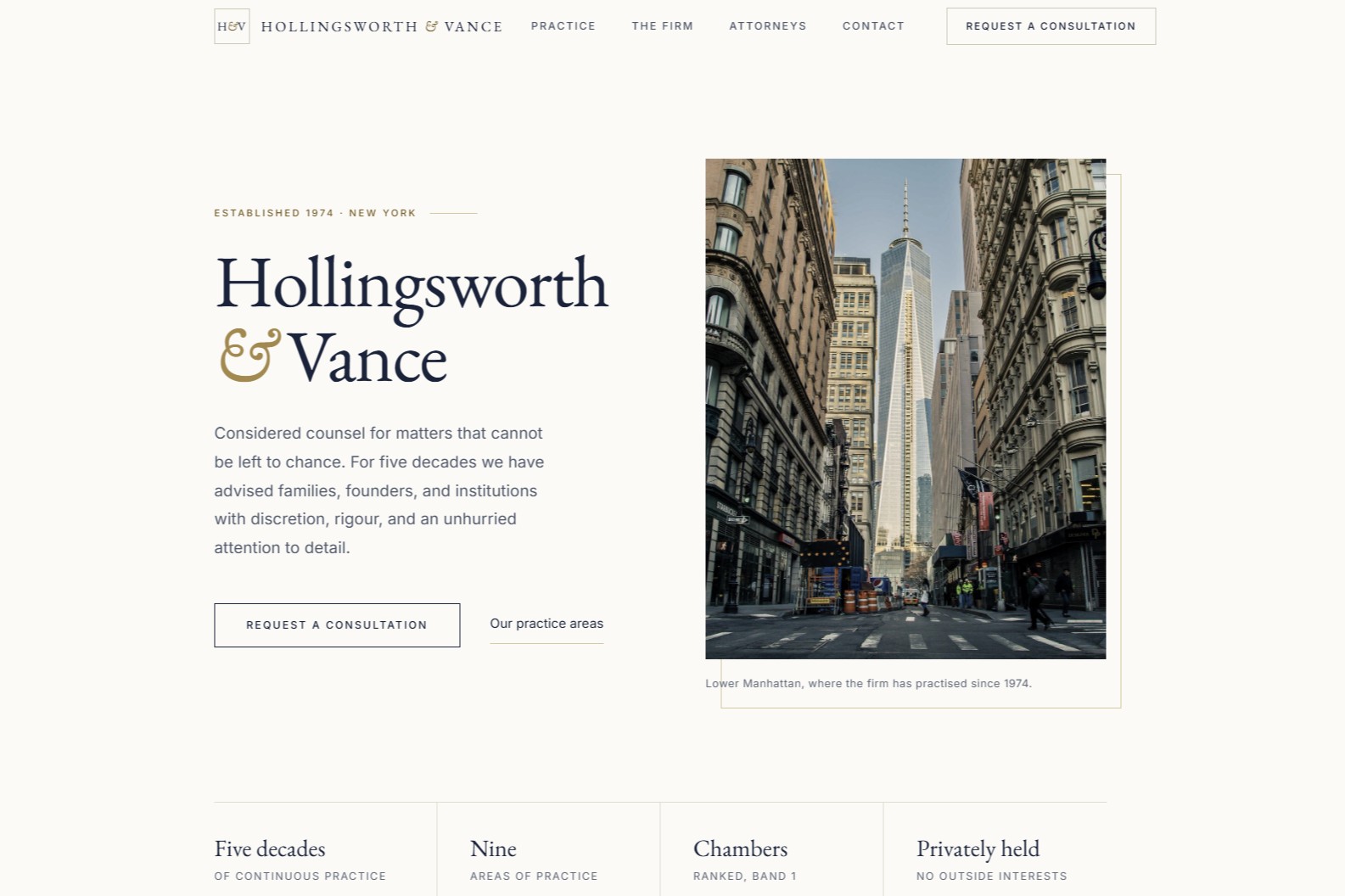 Hollingsworth & Vance law firm website — restrained cream layout with a serif wordmark, gold detailing, and a city photograph.