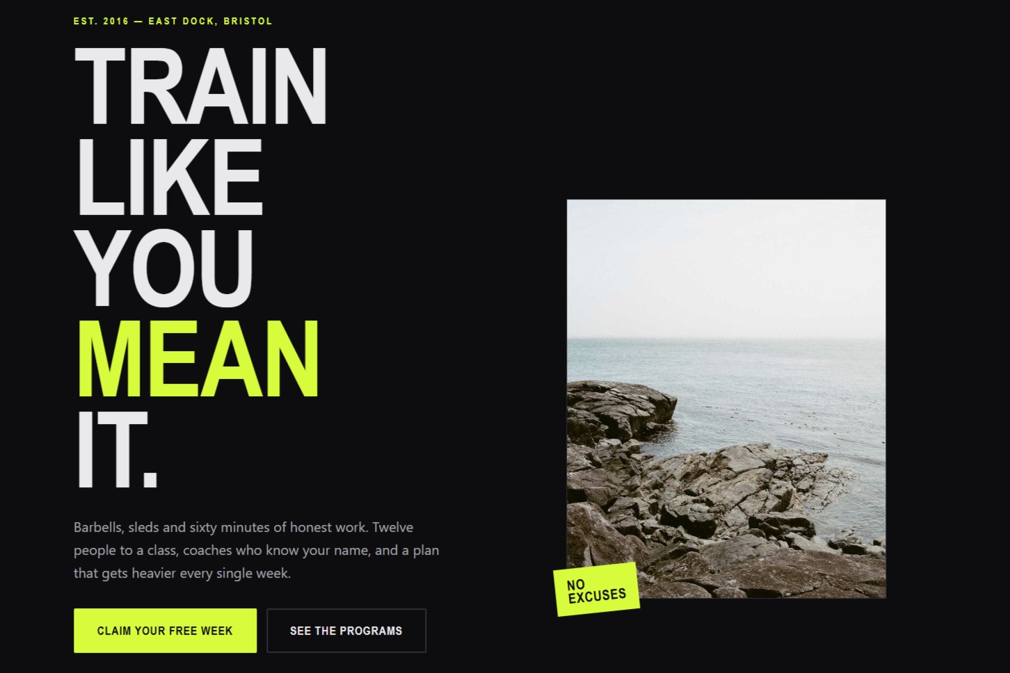 Iron Pulse fitness studio website — bold dark design with oversized all-caps headline and acid-green accents.
