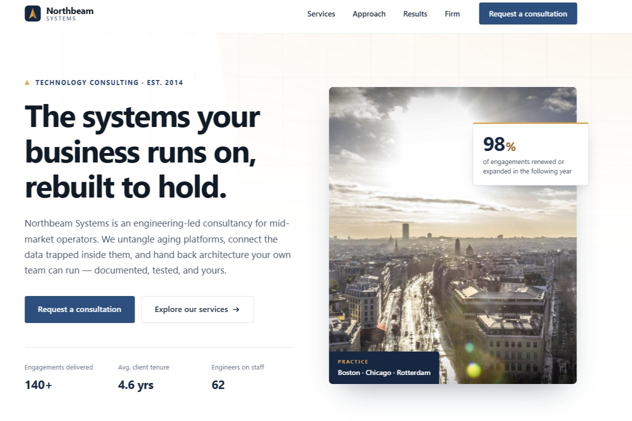 Northbeam Systems consultancy website — clean white layout with a navy headline, results statistics, and an aerial city photograph.