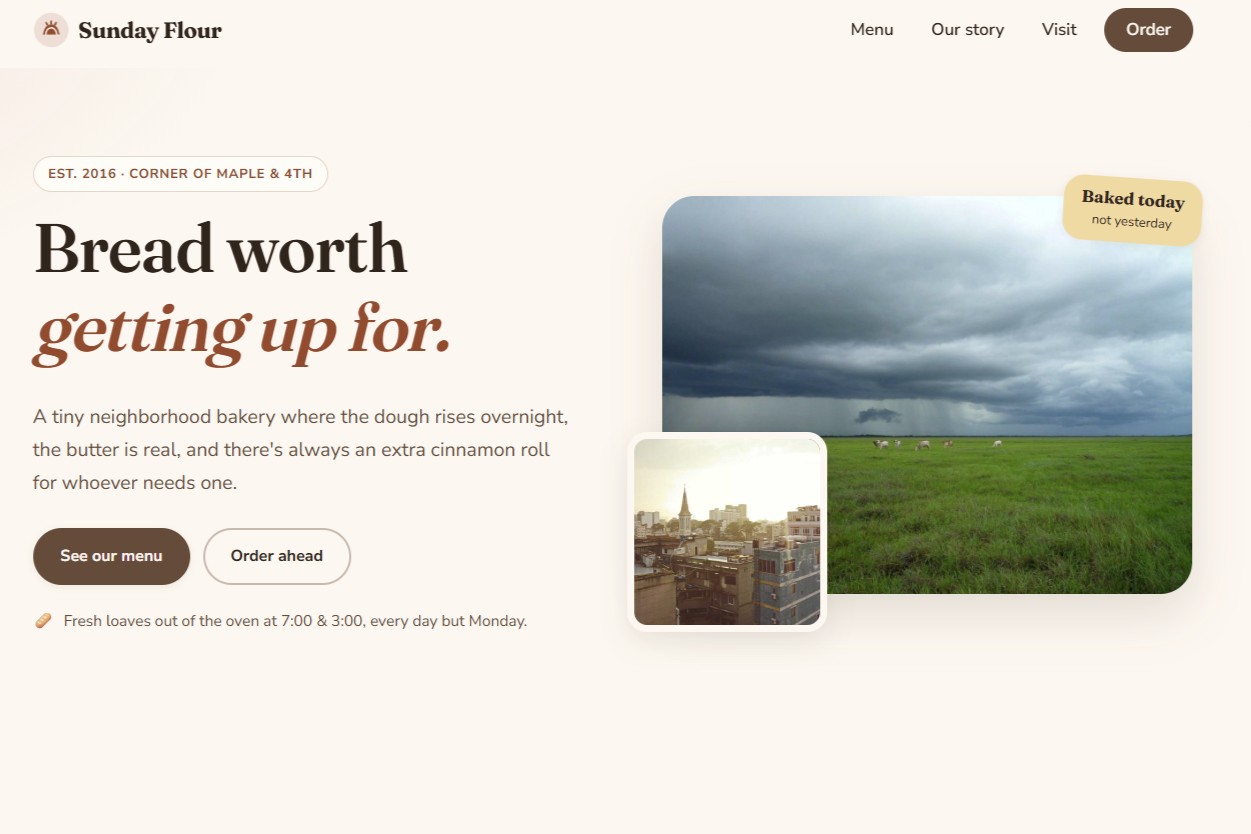 Sunday Flour bakery website — warm blush layout with a brown serif headline, rounded photo cards, and an order button.